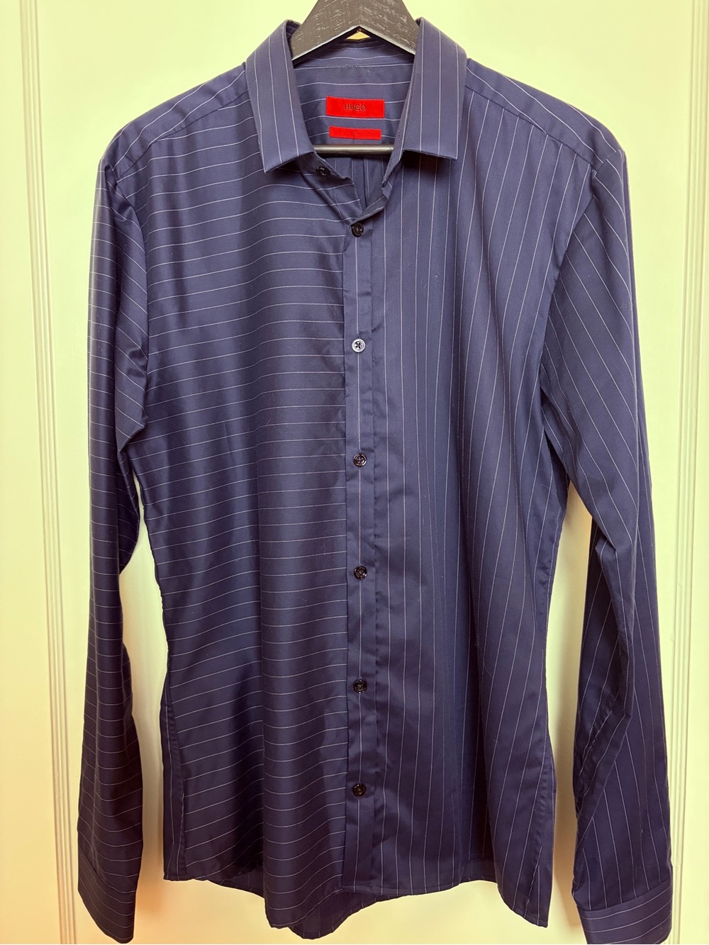 Hugo by Hugo Boss Men’s Navy Button Down Shirt with Alternating Stripes Pattern